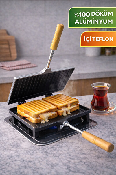 Russet Teflon Kaplı Alüminyum Döküm Ocak Üstü Tost Makinesi Çift Taraflı 23x1...
