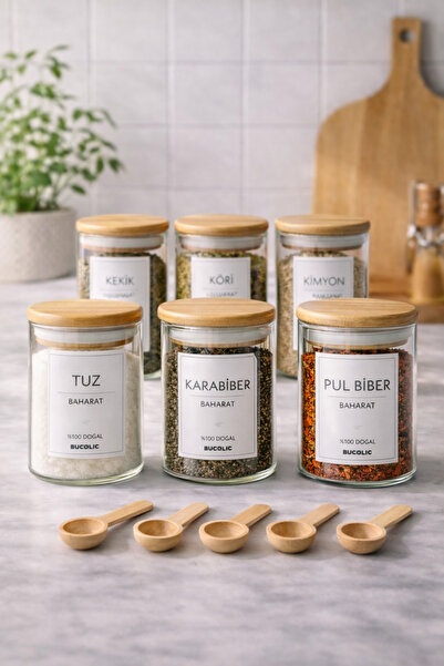 BUCOLIC 6’lı Cam Baharatlık Seti – Bambu Kapaklı & 6 Kaşıklı | 250 ml