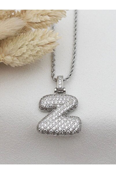 Haziran Accessory, Zircon Stone Chubby Twist'Z' Letter Silver Women's Necklace