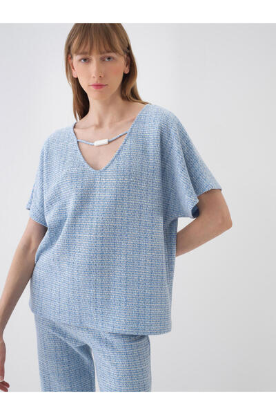 Xint Kadın Mavi Oversize Pamuklu Bluz