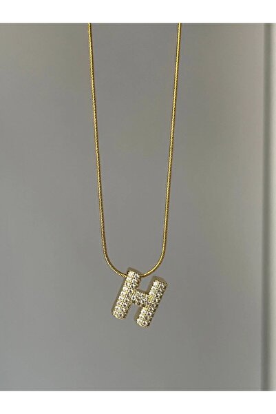Haziran Accessory, Minimal'H' Letter Gold Women's Necklace with Zircon Stone