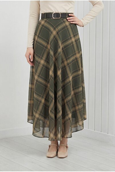 MİHRA STORE Φούστα σιφόν με φόδρα και σχέδια Birsu-EY5363 Πράσινο