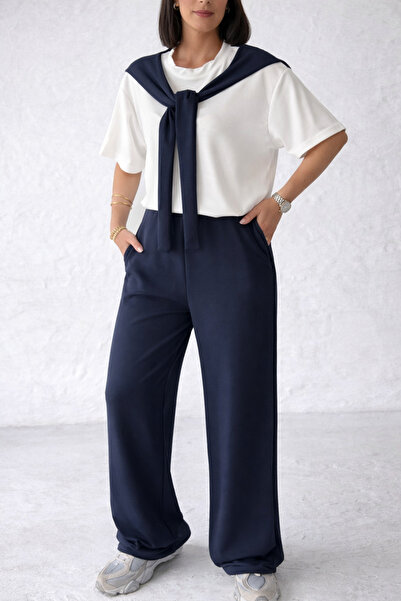 İLKCET MODA Γυναικείο Σετ Μπλουζάκι και Παντελόνι σε Σκούρο Μπλε με Λεπτομέρε...