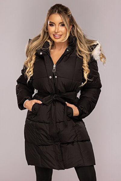 Atmosphere Fashion Jachetă neagră cu glugă și garnitură de blană