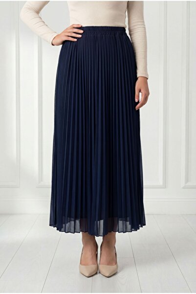 MİHRA STORE Φούστα σιφόν με πιέτες και επένδυση Piraye - FA1079 Ναυτικό μπλε