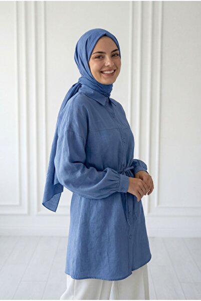 MİHRA STORE Yelilia Modal πουκάμισο με κορδόνια-PE223 Indigo