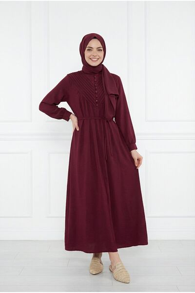 MİHRA STORE Ayçıl Ριμπ Φόρεμα Μοντάλ-NA2407 Βουργουνδί