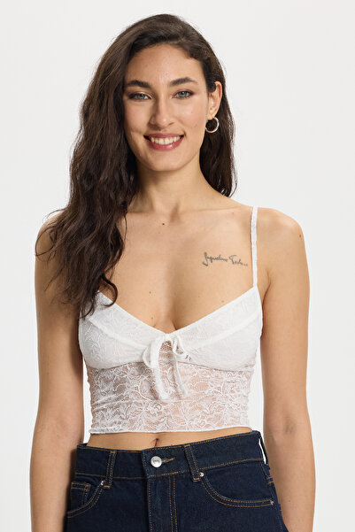 Tudors Women's Slim Fit Slim Straps Lace Detailed White Crop Top