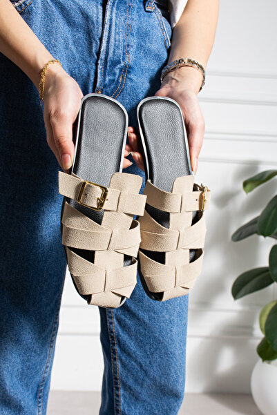 diya shoes Shay Yoshi bej Gold Aksesuarlı Kemer Toka Detaylı Kadın Terlik