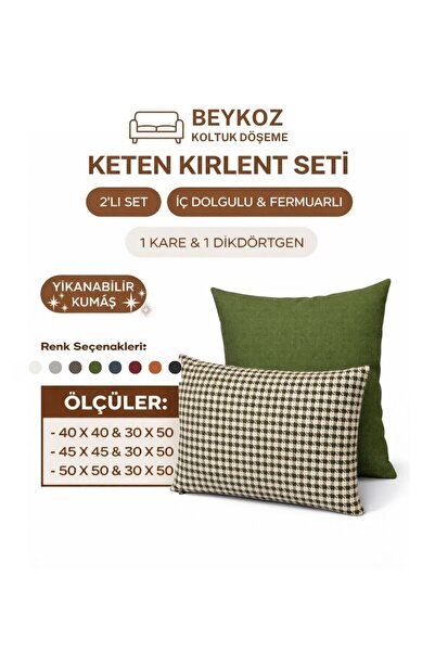 Beykoz Koltuk Döşeme 2’Li Keten Kırlent Seti İç Dolgulu Fermuarlı A Kalite (4...