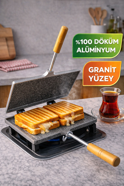 Russet Granit Kaplı Tost Makinesi Çift Taraflı Alüminyum Döküm 23x17 cm Prati...