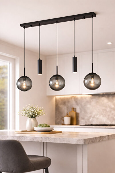 VENON RANA Sıralı 5.li SİYAH ❤️ 2 Spot Led ❤️ 3 Füme Glop Camlı ❤️Modern Sıra...