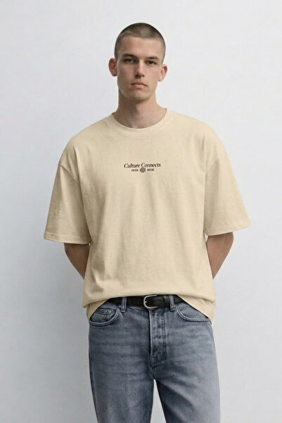 MATERIAL Ανδρικό μπλουζάκι Oversize Culture Connect με στάμπα σε μπεζ χρώμα