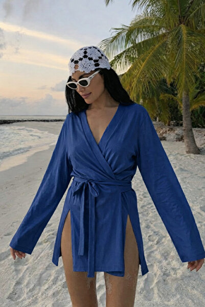 COMBİNE MİCHAİL Γυναικείο μπλε κιμονό με λαιμόκοψη V και ζώνη