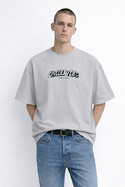 MATERIAL Ανδρικό μπλουζάκι CHILL VIBE με στάμπα κειμένου, υπερμεγέθη γκρι μπλ...