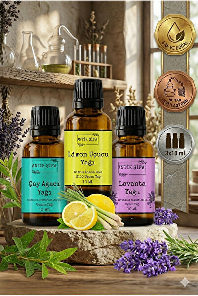Antik Şifa Uçucu Lavanta Yağı, Limon Kabuğu Yağı, Çay Ağacı Yağı (3x10ml)