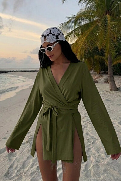 COMBİNE MİCHAİL Γυναικείο κιμονό χακί με λαιμόκοψη V και ζώνη