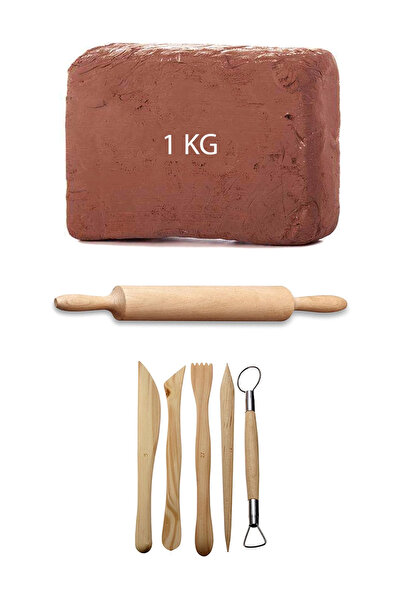 ACUTO 1 Kg Kahverengi Kil Çamur Seramik Hamuru 5'li Ebeşuar Seti Ahşap Merdan...