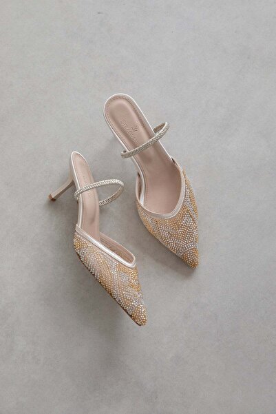 STRASWANS Pantofi cu toc cu detalii în nuanța pietrei pentru femei Marsha, aurii