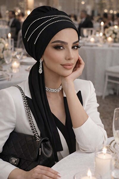 Aişe tesettür Βραδινό φόρεμα με μαύρη πέτρα και μαντήλι - 60101
