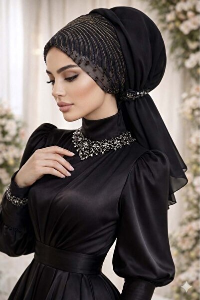 Aişe tesettür Μαύρο ασημί βραδινό φόρεμα Με αγκράφα με βάση κόκαλο / έτοιμο π...