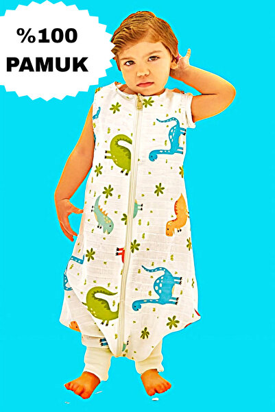 Happystore Yazlık Müslin Uyku Tulumu %100 Pamuk Müslin Dinozor Çocuk Bebek Uy...