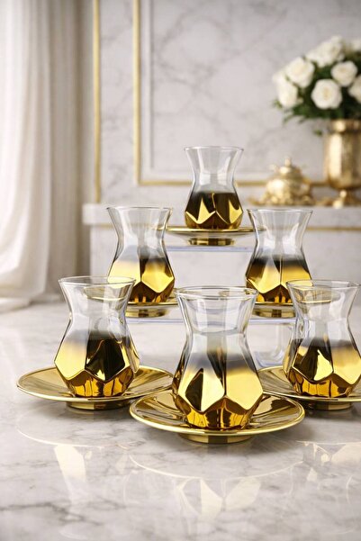 rova tr Amber Lüks 6 Kişilik Cam Çay Seti - 12 Parçalık Çeyizlik Modern Tasar...
