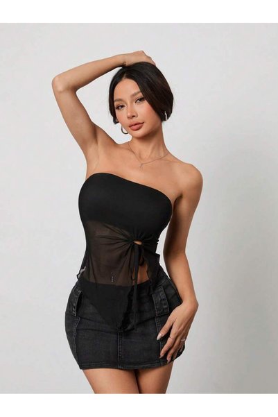 Les Séduisantes c.a. Tulle Front Gathered Strapless Blouse