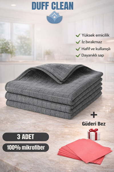 DUFF CLEAN ( 3 Adet ) Mikrofiber Mutfak Bezi Gri Renk 40*40 Cm 1 Adet Güderi ...