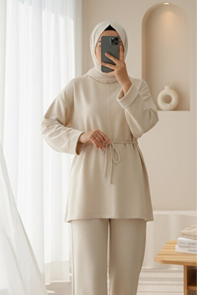 HİJABAYA άνοιγμα Συμπαγές χτενισμένο βαμβακερό τουνίκ με λαβή και δεμένη μέση