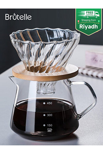 Brutelle طقم ماكينة تحضير القهوة بالتنقيط V60، أباريق قهوة زجاجية سعة 600 مل