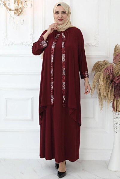 TRENDTESETTÜR KADIN BORDO PUL PAYET İŞLEMELİ ABİYE ELBİSE T 8433