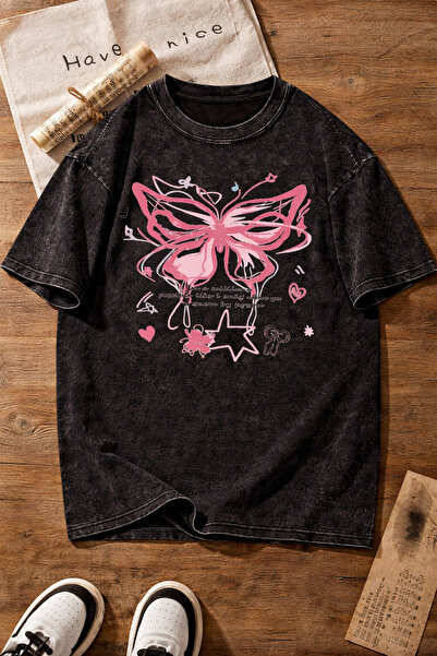 ship master Γυναικείο μπλουζάκι με στάμπα ροζ πεταλούδας, 100% βαμβάκι, Overs...