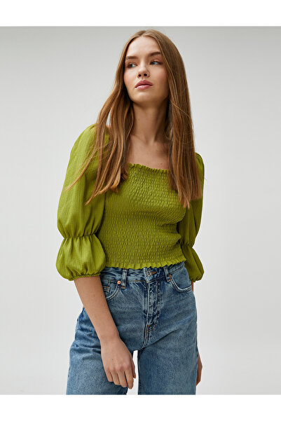 Koton Crop T-Shirt Gipeli με μπαλόνι μανίκι τετράγωνο γιακά μπουμπούκι