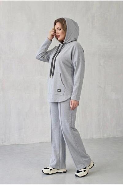 Koza Butik Kadın Büyük Beden Uzun Kollu Kapüşonlu Kanguru Cepli Eşofman Takımı 8211-26