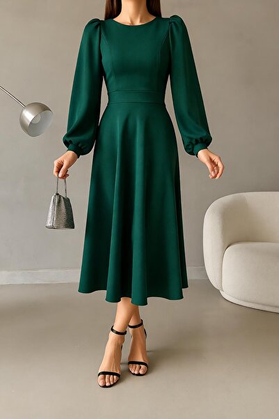 Deafox Πράσινο μπαλόνι μανίκι Crew Neck Basic Midi Size Imported Crepe Fabric...