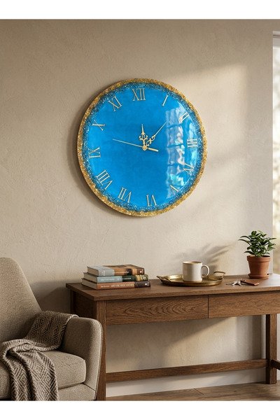 Home Duvar Saati- 35 cm-Şık Mavi Ve Gold Duvar Saati-El Yapımı Epoksi Duvar S...