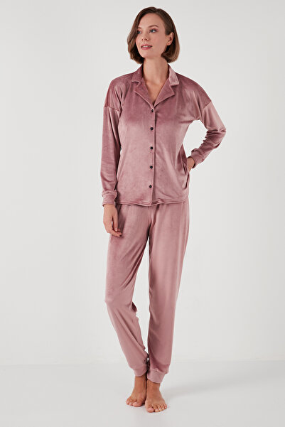 Lela Σετ Πιτζάμες Κανονικής Εφαρμογής με Μαλακή Υφή, Γυαλιστερό Βελούδο και Ρ...