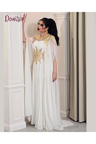 domiga White Royal Wedding Kaftan with Pleated Skirt and Golden Embroidery Work