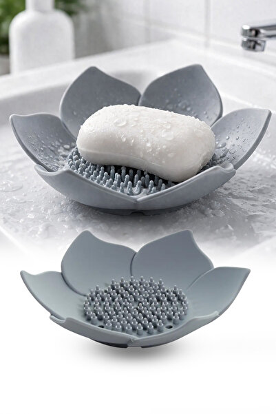 2Pcs Lotus Patterned Soap And Sponge Holder Silicone (GRAY) Lotus Stylish Solid Soap with Water Drain