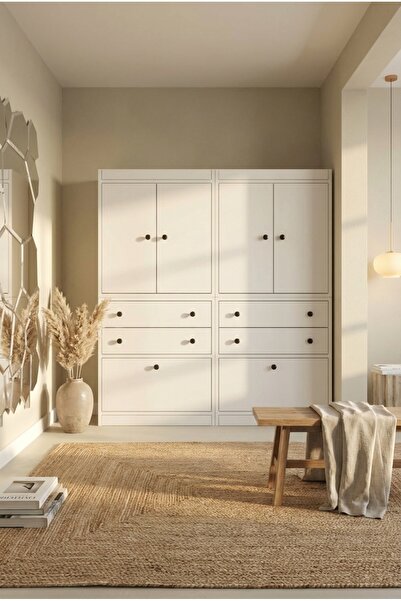 FOR WOMAN DESİGN Ahşap Çok Amaçlı Gardrop 6 Kapak 4 Çekmeceli Geniş İç Haciml...