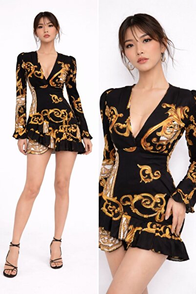 hipnoz butik Kadın Desenli Derin V Yakalı Omuz Vatkalı Mini Elbise