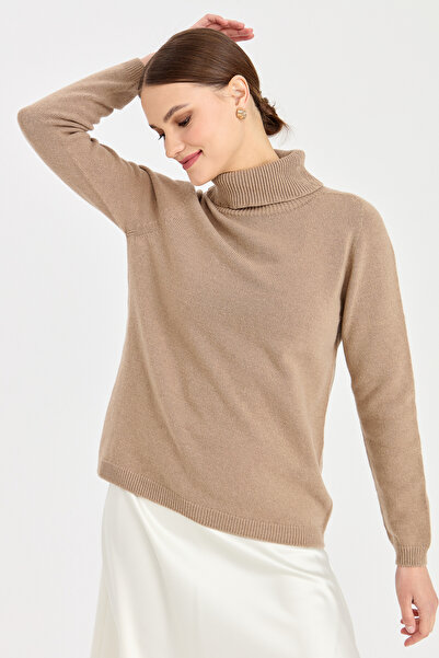 Desen Triko Γυναικείο Ολόσωμο Πουλόβερ Κλασικό Μάλλινο Μπεζ