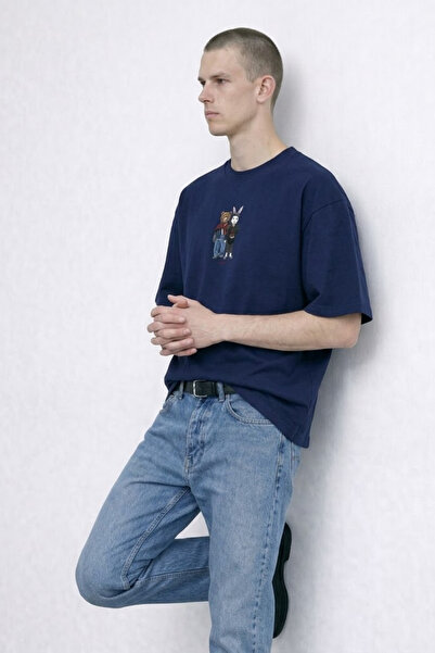 MATERIAL Ανδρικό μπλουζάκι Bear&Rabbit με στάμπα, καλοκαιρινό, χαλαρό, σε σκο...