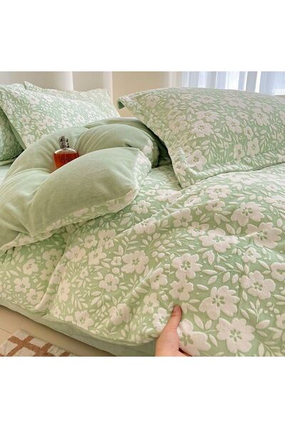 VSM Cocolino 4-Piece Duvet Cover Set with Fitted Sheet - Mint Green with Flowers