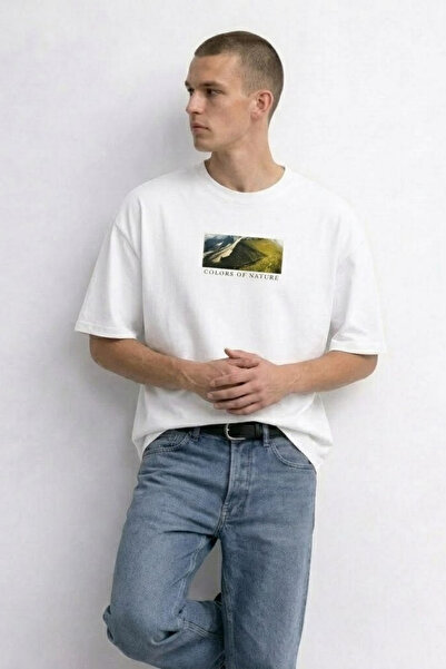 MATERIAL Ανδρικό μπλουζάκι Oversize Ecru με στάμπα Landscape