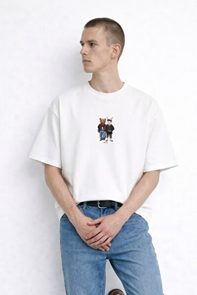 MATERIAL Ανδρικό μπλουζάκι Bear&Rabbit με στάμπα, καλοκαιρινό, χαλαρό, εκρού