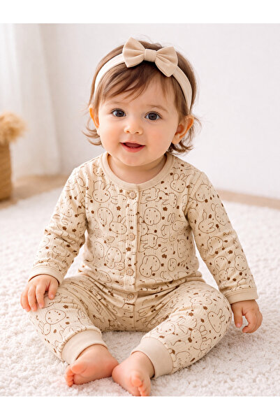 Unisex Bebek Tavşan Desenli Çıtçıtlı Pijama Takımı Pamuklu 12 Ay-3 Yaş Rahat Ev Giyim
