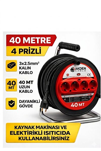 AKDEN Kablo 40 Metre 3x2,5mm Makaralı Uzatma Kablosu Tam Kesit Kaynak Makinas...