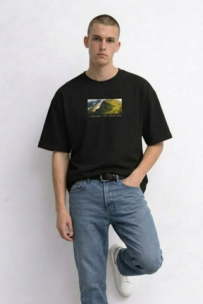 MATERIAL Ανδρικό μπλουζάκι με στάμπα Landscape Oversize σε μαύρο χρώμα